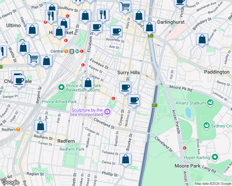 map of restaurants, bars, coffee shops, grocery stores, and more near 420 Riley Street in Surry Hills