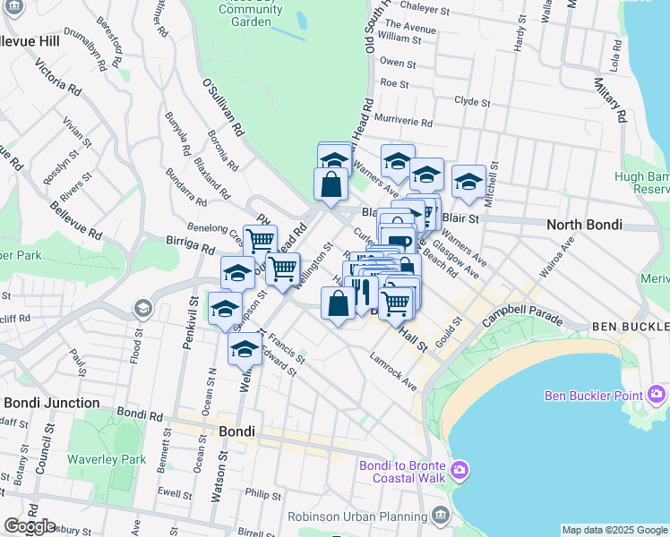 map of restaurants, bars, coffee shops, grocery stores, and more near 155 Hall Street in Bondi Beach