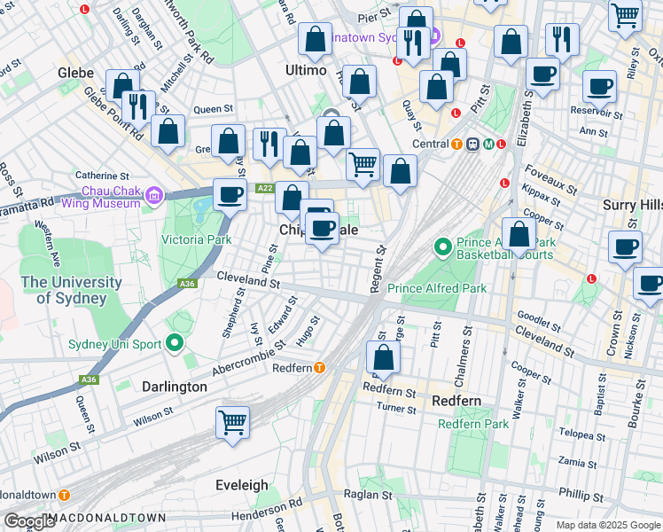map of restaurants, bars, coffee shops, grocery stores, and more near 1 Meagher Street in Chippendale