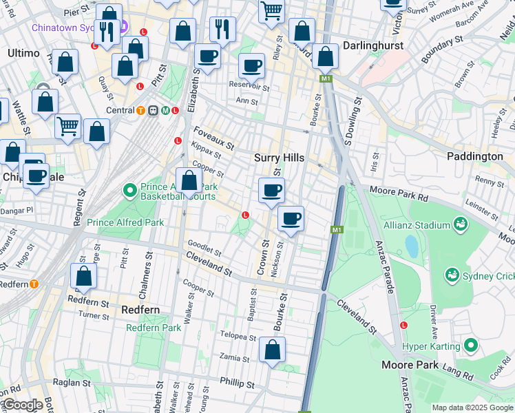 map of restaurants, bars, coffee shops, grocery stores, and more near 19 Tudor Street in Surry Hills