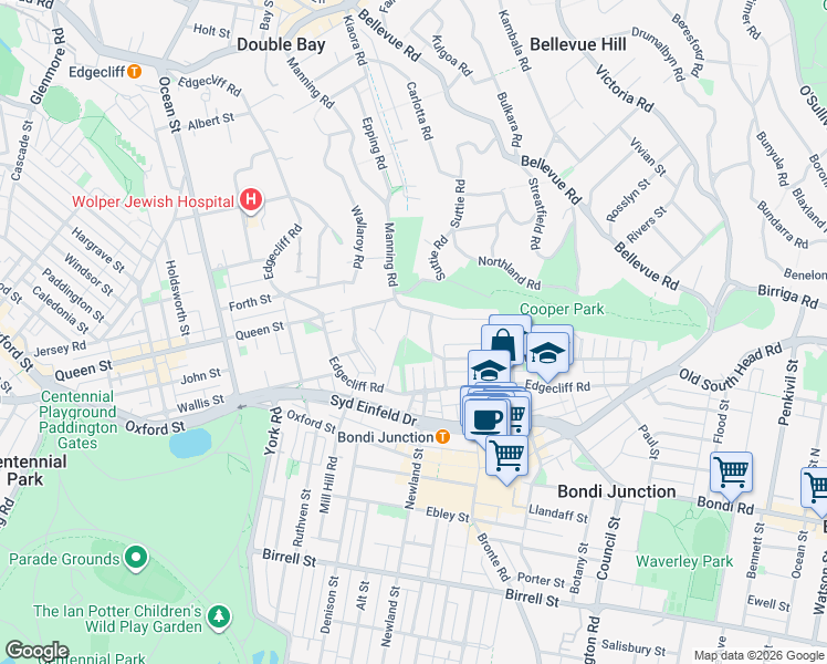 map of restaurants, bars, coffee shops, grocery stores, and more near 8 Russell Street in Woollahra