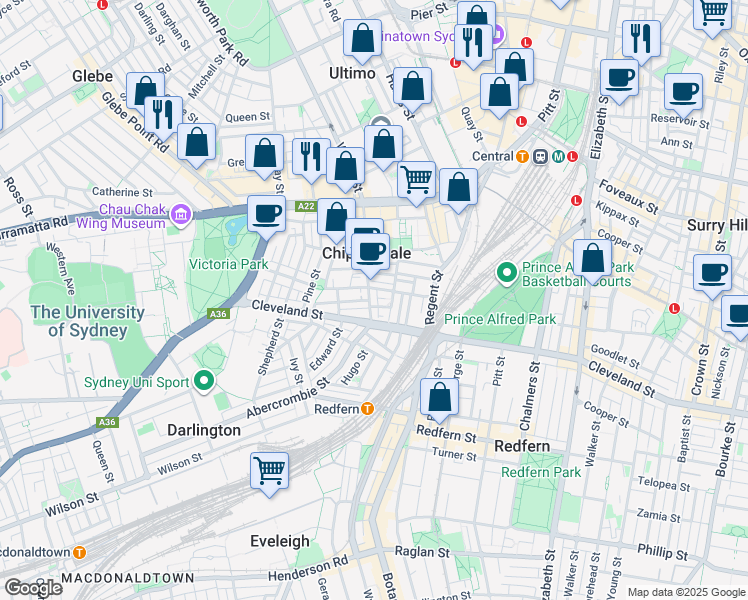 map of restaurants, bars, coffee shops, grocery stores, and more near 108 Abercrombie Street in Chippendale