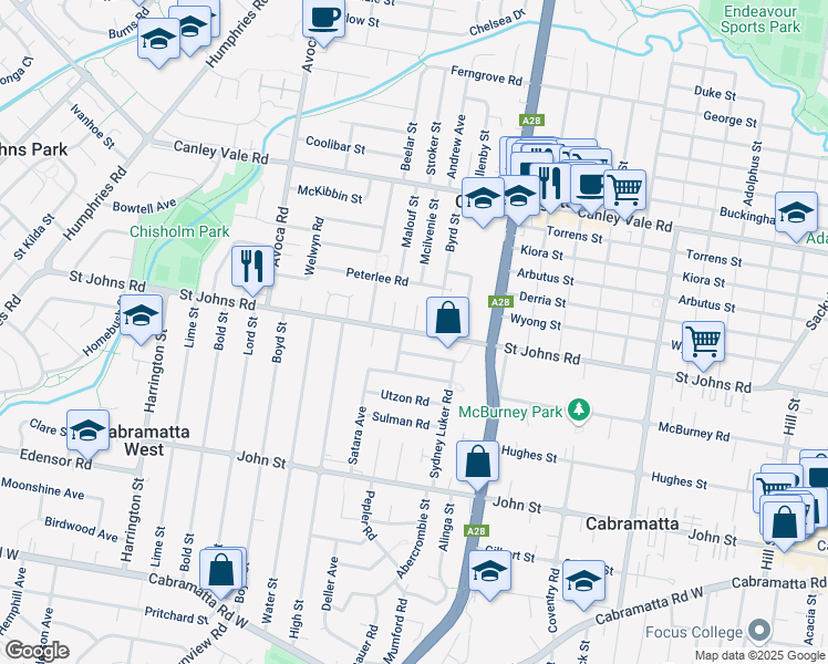 map of restaurants, bars, coffee shops, grocery stores, and more near Saint Johns Road in Fairfield City Council