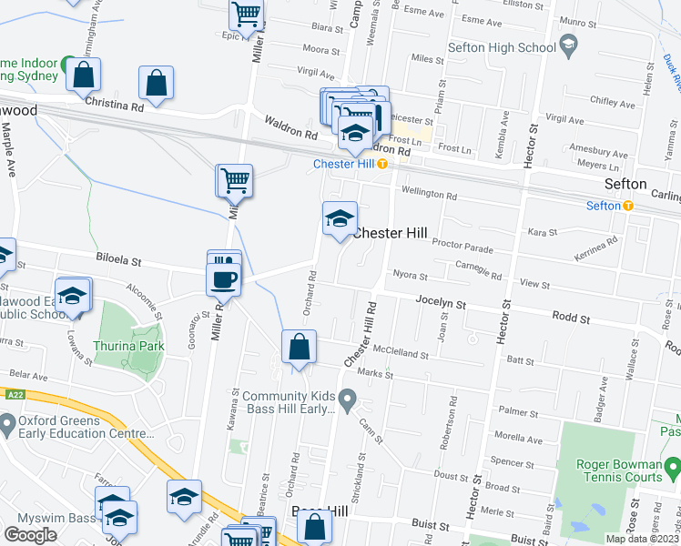 map of restaurants, bars, coffee shops, grocery stores, and more near 21 O'Hagon Street in Chester Hill