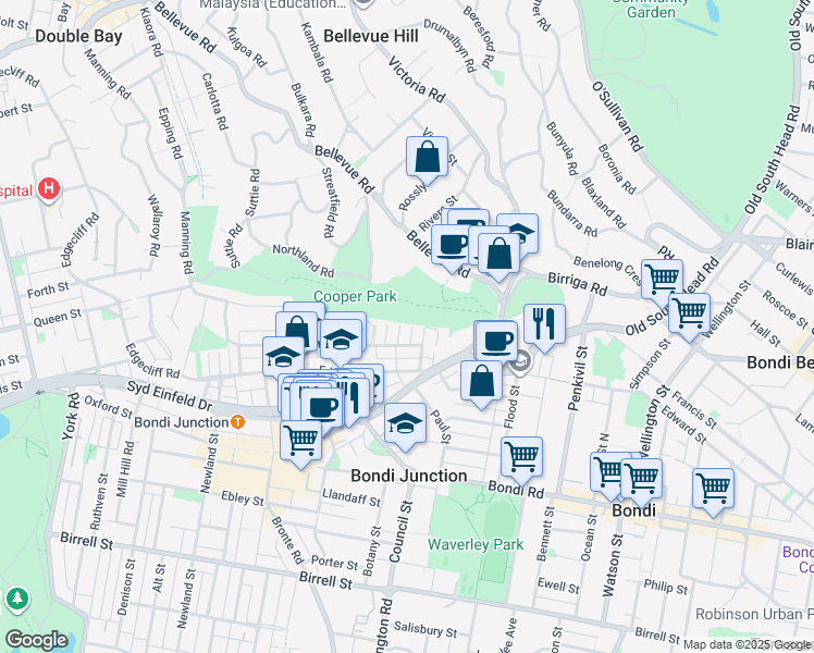map of restaurants, bars, coffee shops, grocery stores, and more near 15 Raine Street in Woollahra