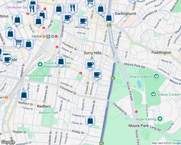 map of restaurants, bars, coffee shops, grocery stores, and more near 536 Crown Street in Surry Hills