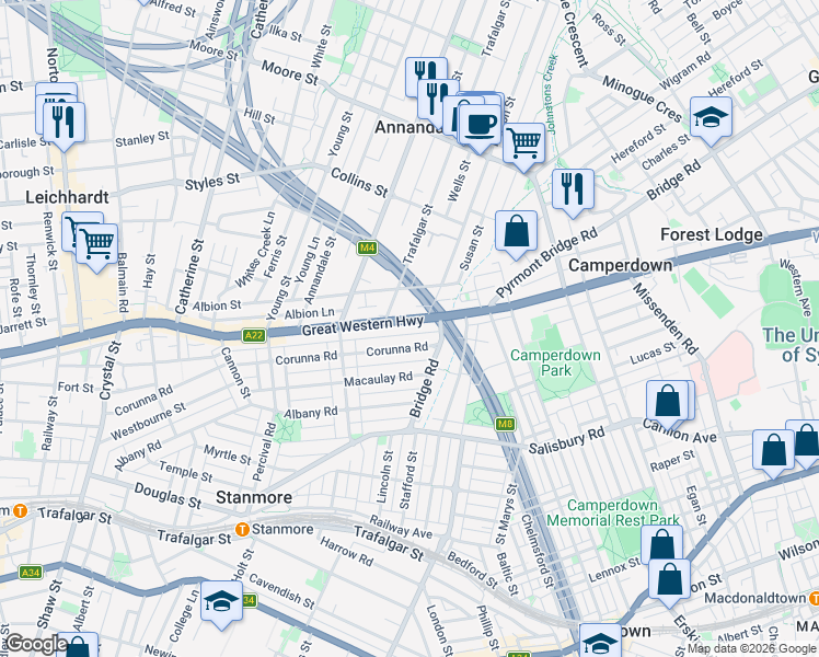 map of restaurants, bars, coffee shops, grocery stores, and more near 50 Parramatta Road in Stanmore