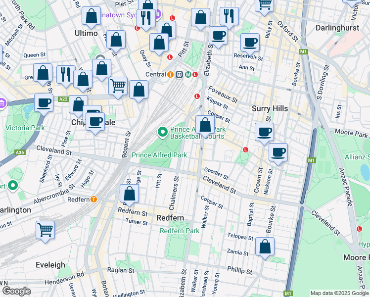 map of restaurants, bars, coffee shops, grocery stores, and more near 156 Chalmers Street in Surry Hills