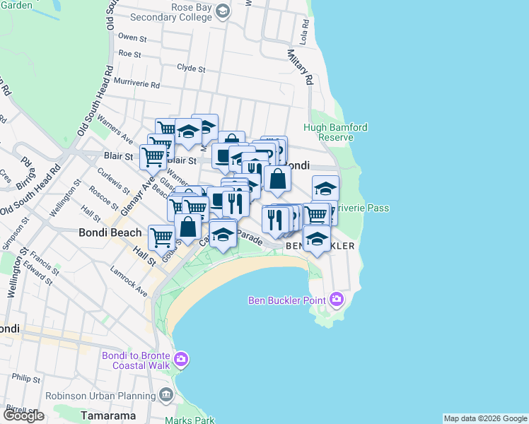map of restaurants, bars, coffee shops, grocery stores, and more near 43 Brighton Boulevard in Bondi Beach