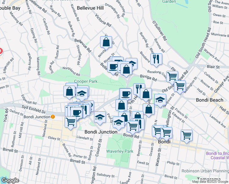 map of restaurants, bars, coffee shops, grocery stores, and more near 206D Victoria Road in Bellevue Hill