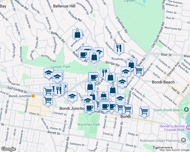 map of restaurants, bars, coffee shops, grocery stores, and more near 163 Victoria Road in Bellevue Hill