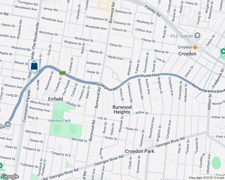 map of restaurants, bars, coffee shops, grocery stores, and more near 53 Liverpool Rd in Burwood