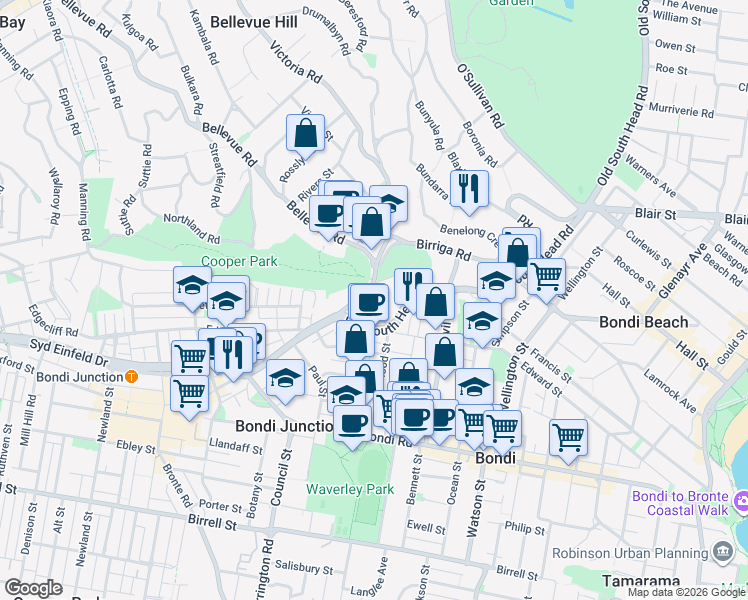 map of restaurants, bars, coffee shops, grocery stores, and more near 165 Victoria Road in Bellevue Hill