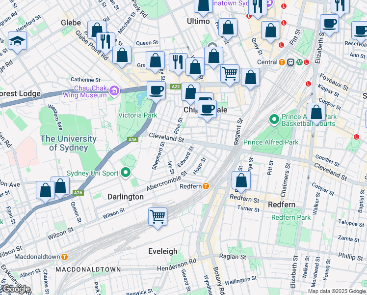 map of restaurants, bars, coffee shops, grocery stores, and more near 1 Thomas Street in Darlington