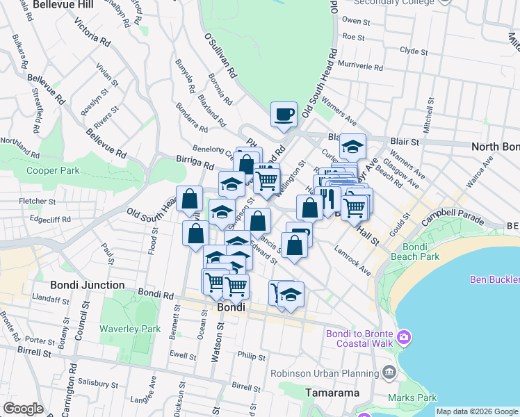 map of restaurants, bars, coffee shops, grocery stores, and more near 110 Wellington Street in Bondi Beach