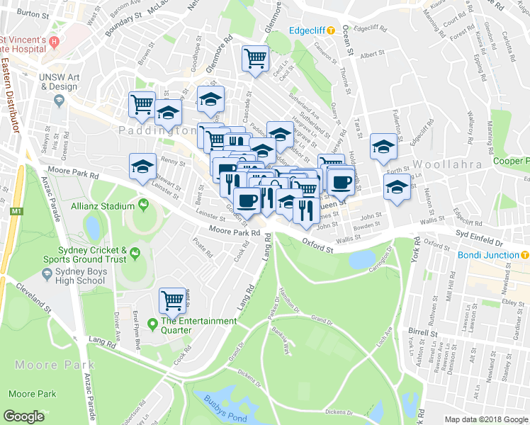 map of restaurants, bars, coffee shops, grocery stores, and more near 34 Oxford Street in Woollahra