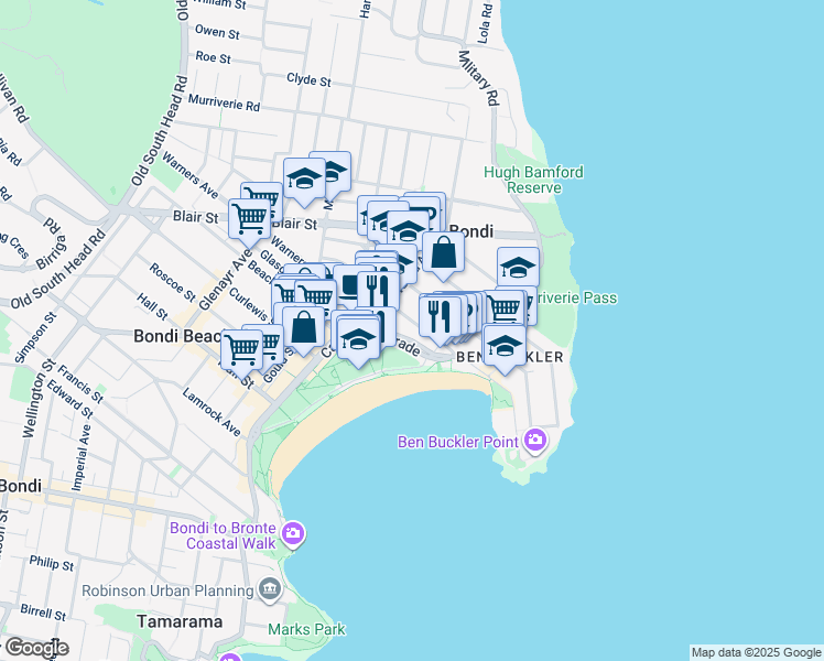 map of restaurants, bars, coffee shops, grocery stores, and more near 230 Campbell Parade in Bondi Beach