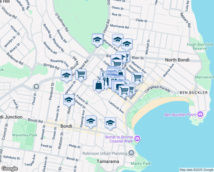 map of restaurants, bars, coffee shops, grocery stores, and more near 19 O'Brien Street in Bondi Beach