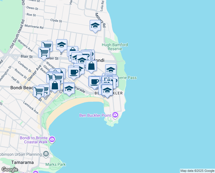 map of restaurants, bars, coffee shops, grocery stores, and more near 123 Hastings Parade in North Bondi