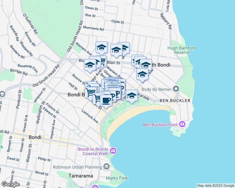 map of restaurants, bars, coffee shops, grocery stores, and more near 68 Gould Street in Bondi Beach