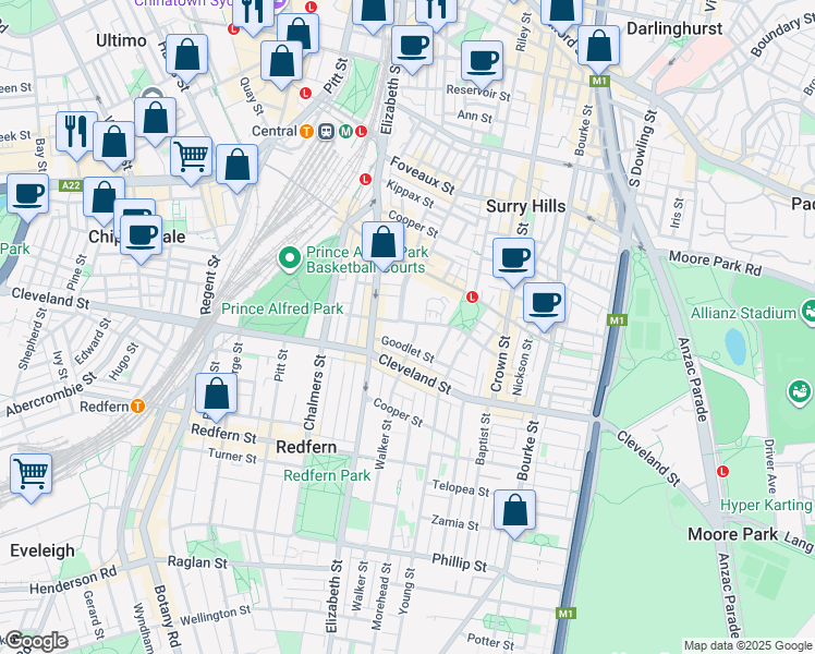 map of restaurants, bars, coffee shops, grocery stores, and more near 4 Goodlet Street in Surry Hills