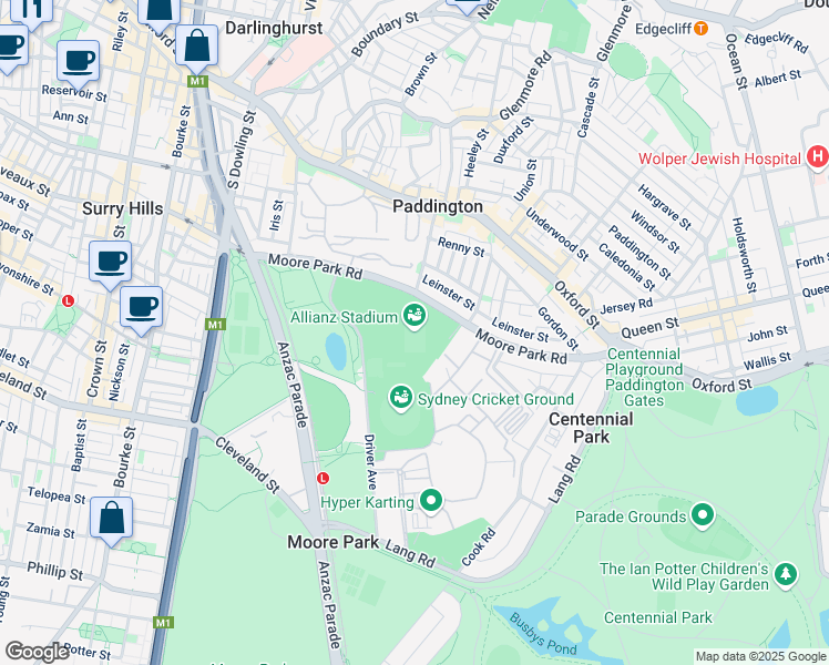 map of restaurants, bars, coffee shops, grocery stores, and more near Driver Avenue in Moore Park