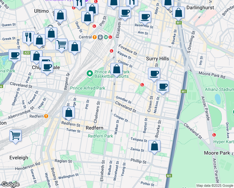 map of restaurants, bars, coffee shops, grocery stores, and more near 500 Elizabeth Street in Surry Hills