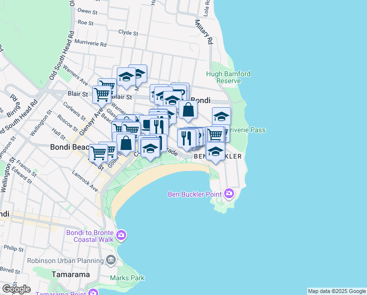 map of restaurants, bars, coffee shops, grocery stores, and more near Ramsgate Avenue in Bondi