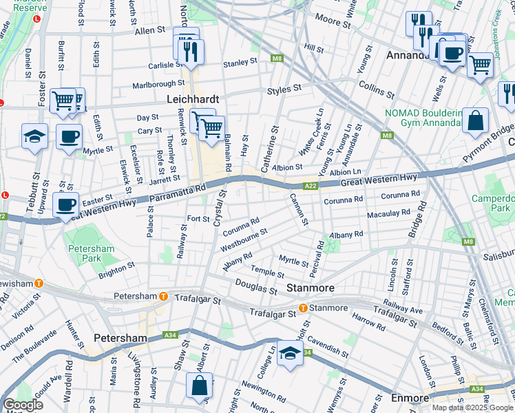map of restaurants, bars, coffee shops, grocery stores, and more near 45 Margaret Street in Stanmore