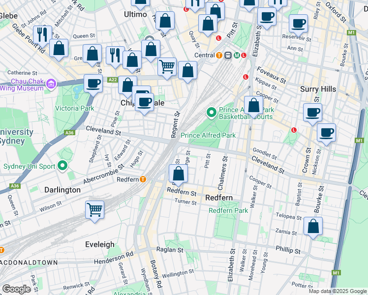 map of restaurants, bars, coffee shops, grocery stores, and more near 187 Cleveland Street in Redfern