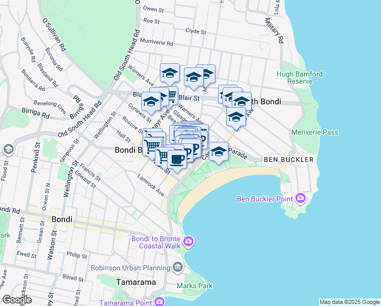 map of restaurants, bars, coffee shops, grocery stores, and more near Gould Street in Bondi