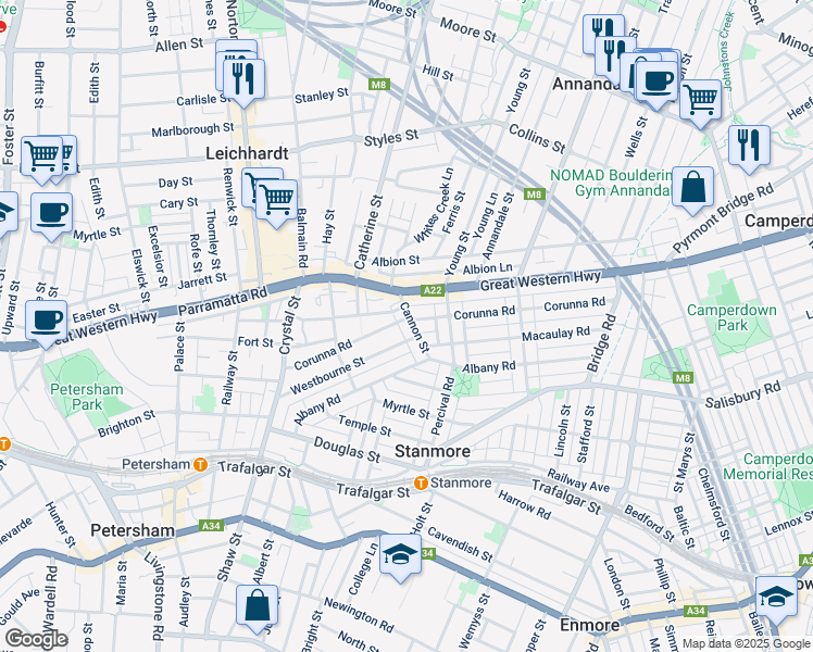 map of restaurants, bars, coffee shops, grocery stores, and more near 16 Cannon Street in Stanmore