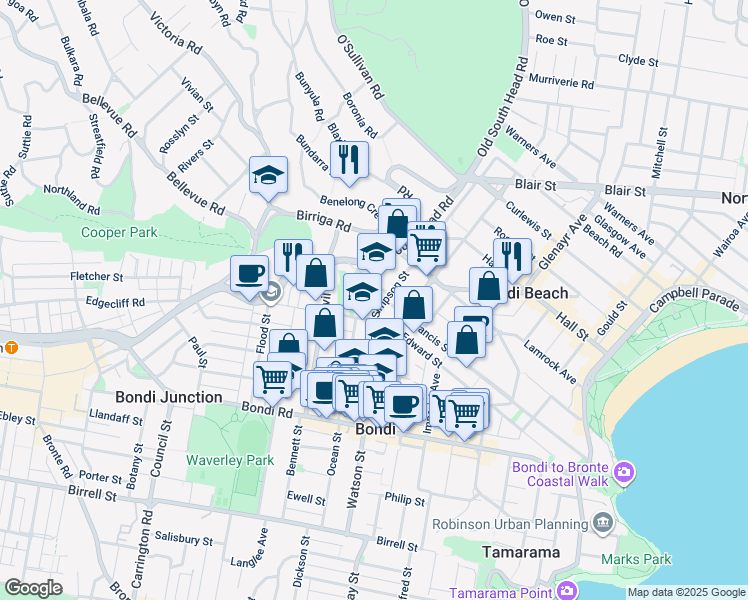map of restaurants, bars, coffee shops, grocery stores, and more near 51 Simpson Street in Bondi Beach