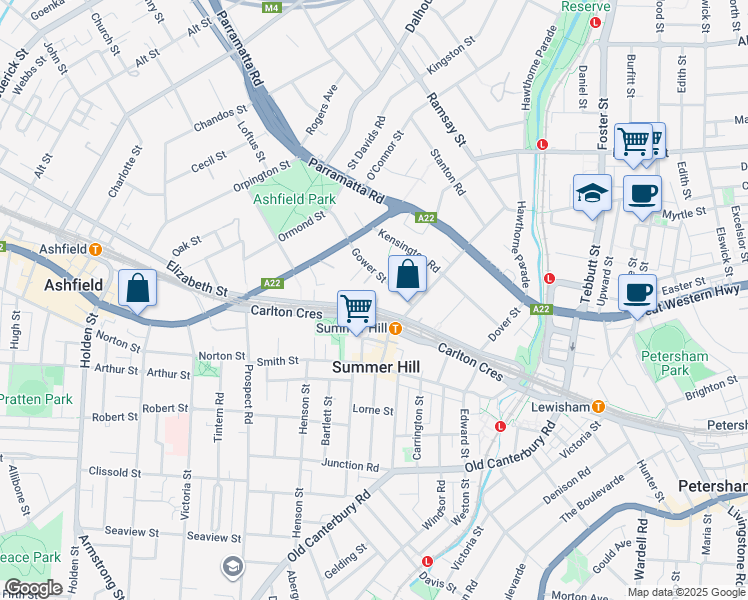 map of restaurants, bars, coffee shops, grocery stores, and more near 44 Grosvenor Crescent in Summer Hill