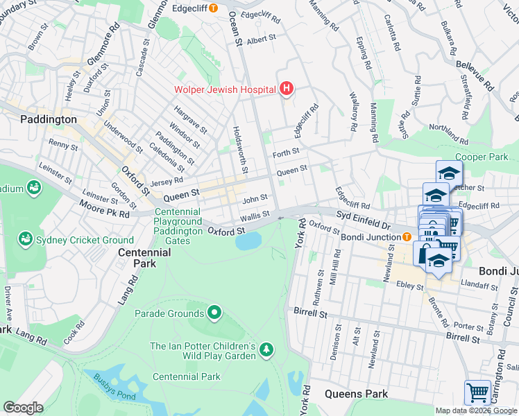 map of restaurants, bars, coffee shops, grocery stores, and more near 9 Bowden Street in Woollahra