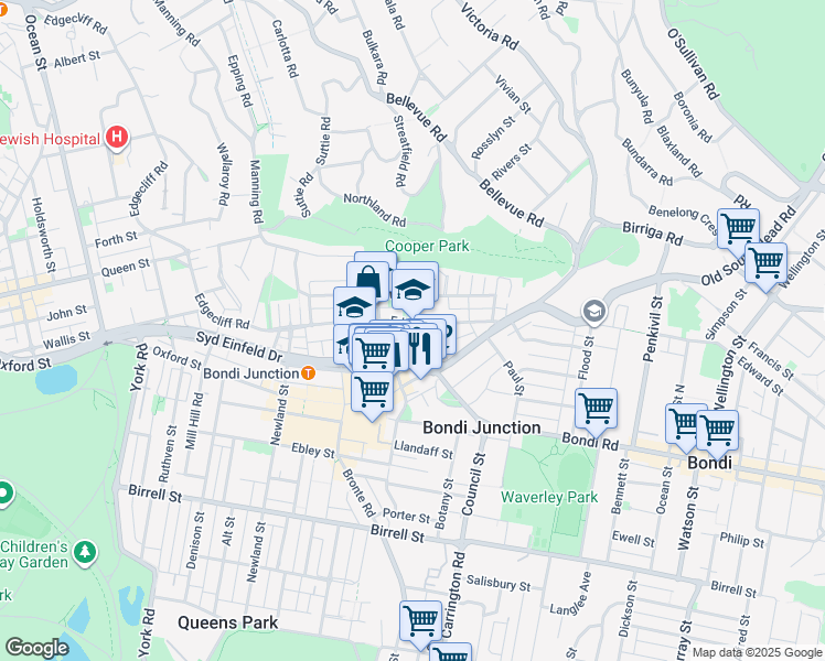 map of restaurants, bars, coffee shops, grocery stores, and more near 72 Edgecliff Road in Woollahra