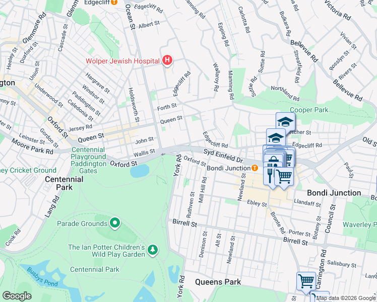 map of restaurants, bars, coffee shops, grocery stores, and more near 2 Nelson Street in Bondi Junction