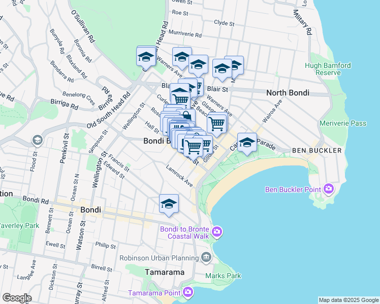 map of restaurants, bars, coffee shops, grocery stores, and more near 51 Hall Street in Bondi Beach