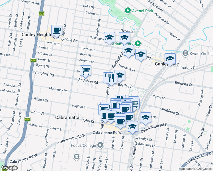 map of restaurants, bars, coffee shops, grocery stores, and more near 5 Hill Street in Cabramatta