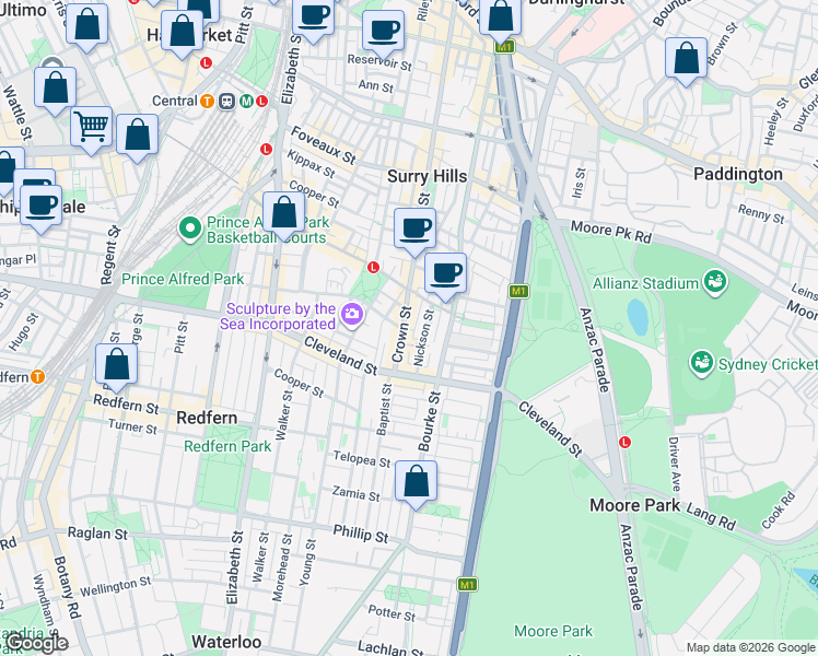 map of restaurants, bars, coffee shops, grocery stores, and more near 608 Crown Street in Surry Hills