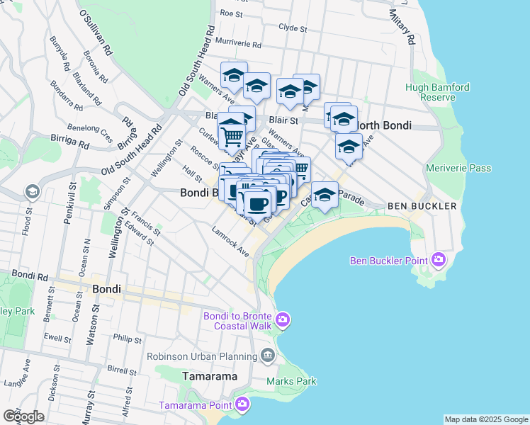 map of restaurants, bars, coffee shops, grocery stores, and more near 89 Roscoe Street in Bondi Beach