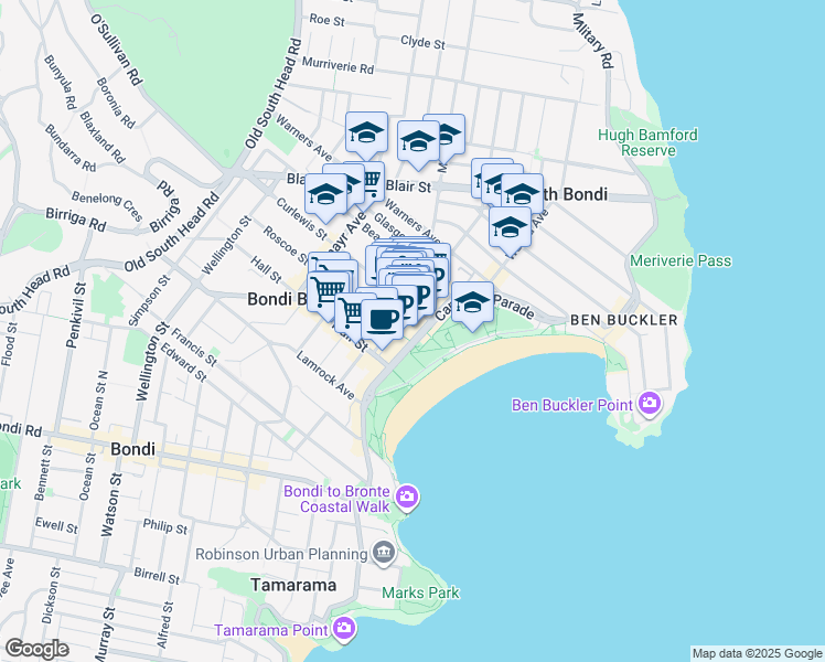 map of restaurants, bars, coffee shops, grocery stores, and more near 164 Campbell Parade in Bondi Beach