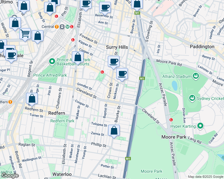 map of restaurants, bars, coffee shops, grocery stores, and more near 612 Crown Street in Surry Hills