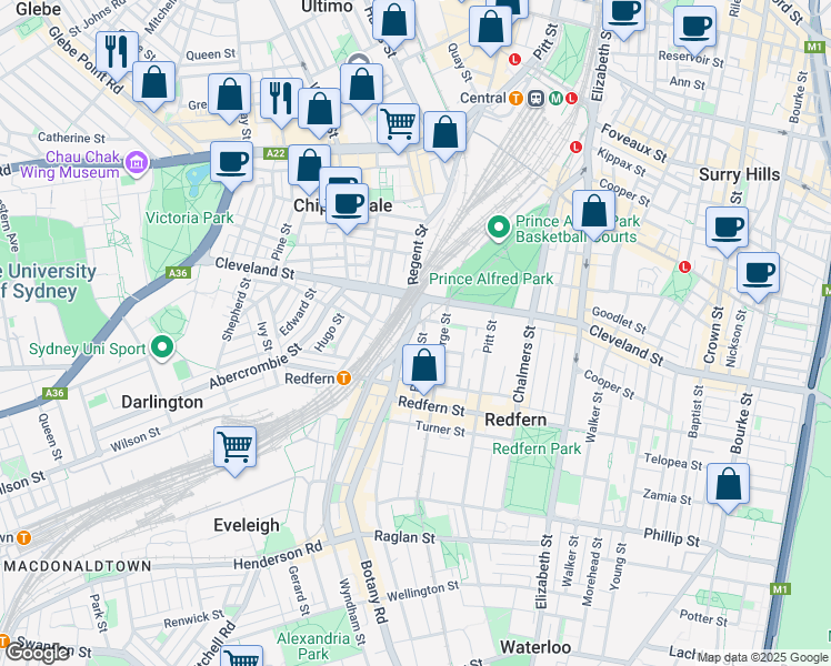 map of restaurants, bars, coffee shops, grocery stores, and more near 21 Regent Street in Redfern