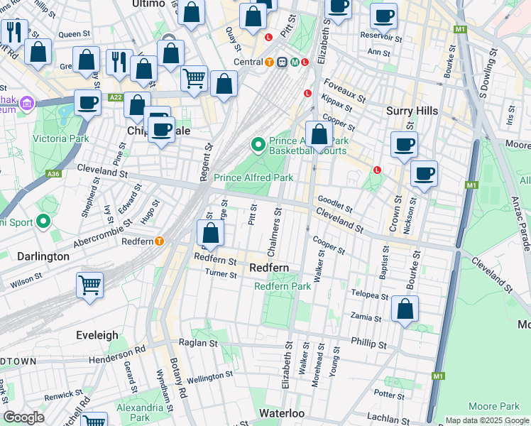map of restaurants, bars, coffee shops, grocery stores, and more near 241 Cleveland Street in Redfern