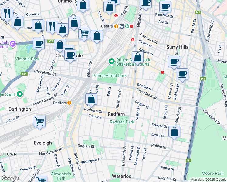 map of restaurants, bars, coffee shops, grocery stores, and more near 241 Cleveland Street in Redfern