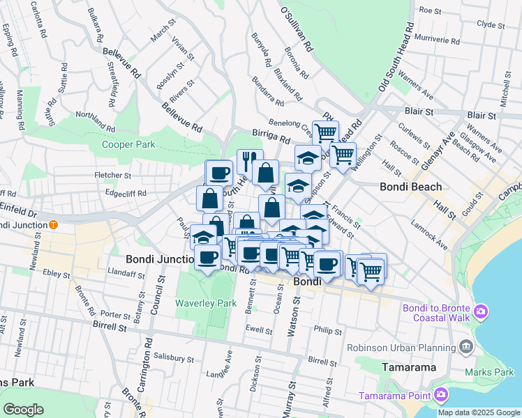 map of restaurants, bars, coffee shops, grocery stores, and more near 29 Penkivil Street in Bondi