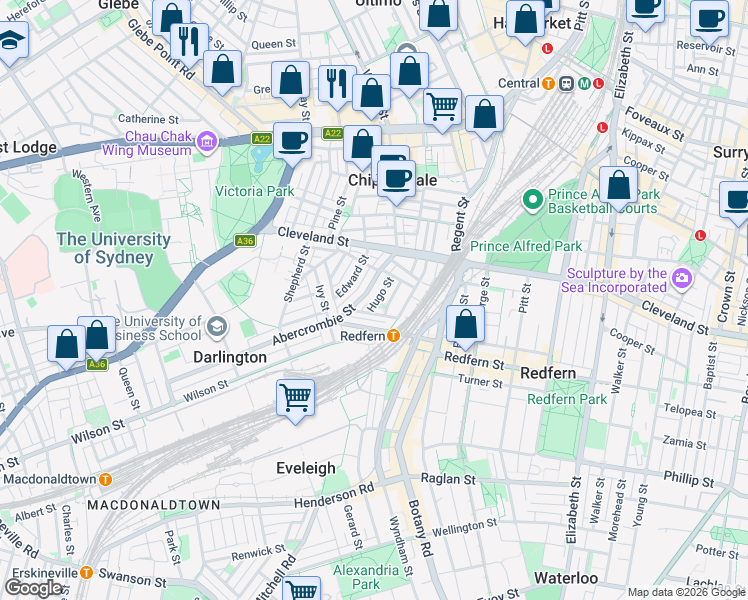 map of restaurants, bars, coffee shops, grocery stores, and more near 60 Hugo Street in Redfern