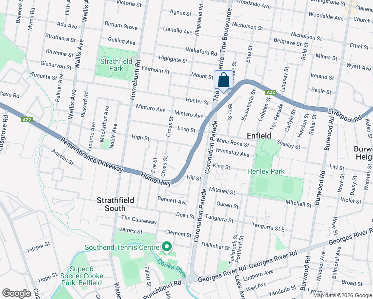 map of restaurants, bars, coffee shops, grocery stores, and more near 389 Liverpool Road in Strathfield