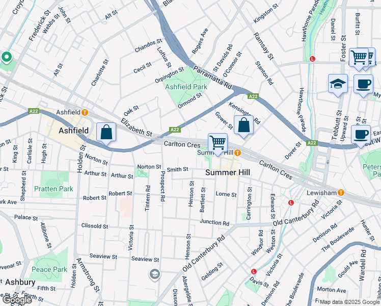 map of restaurants, bars, coffee shops, grocery stores, and more near 98 Carlton Crescent in Summer Hill